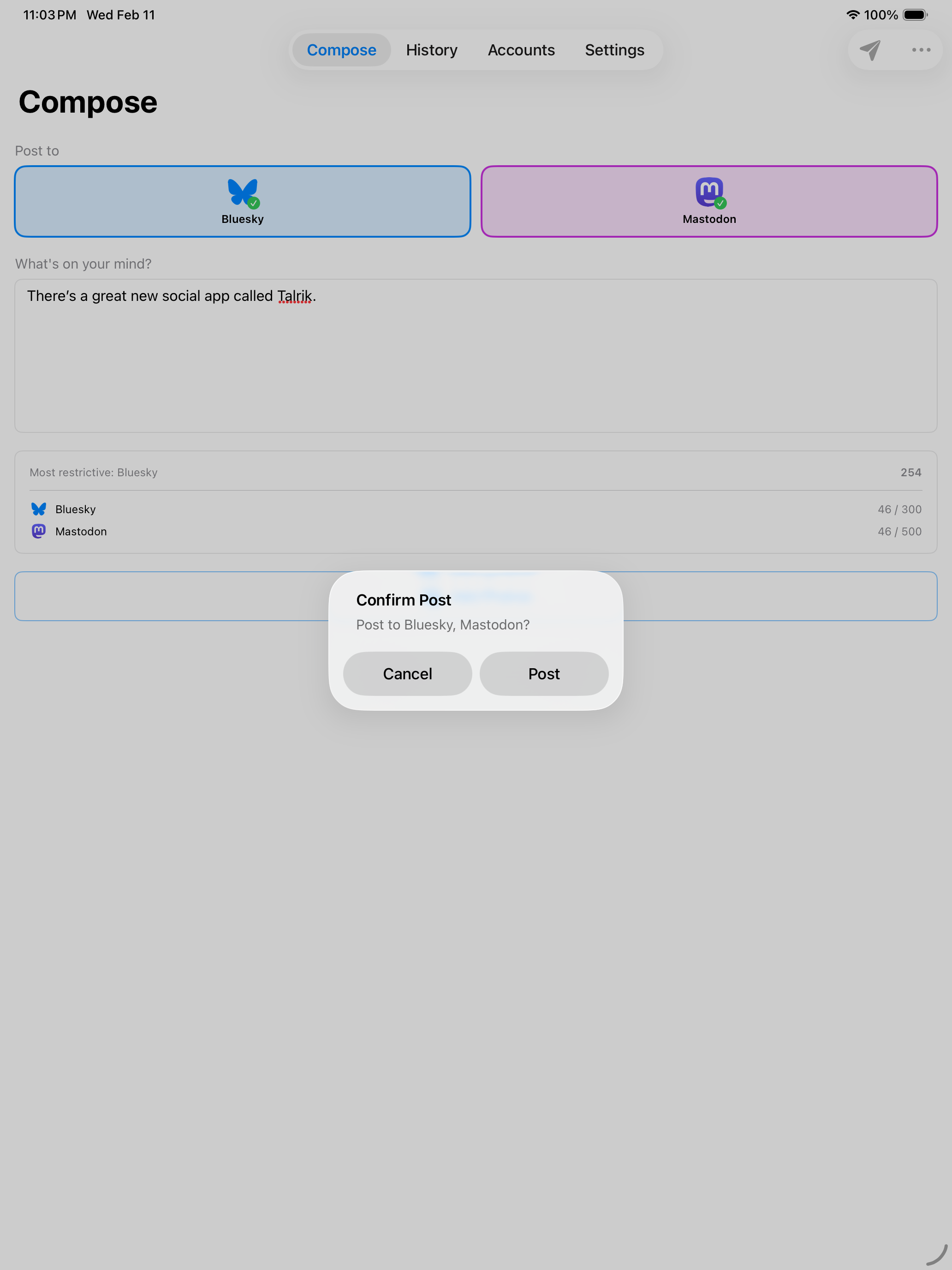 Confirm posting on iPad